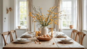 Stijlvolle Paasdecoratie Knutselen: 15 Elegante DIY Projecten voor Volwassenen Elegante Paas eetkameropstelling met warme eikenhouten tafel, natuurlijk geverfde eieren in diverse kleuren als middelpunt, minimalistische schalen en zachte gouden lichtstralen door linnen gordijnen.