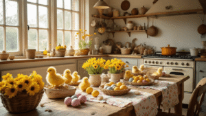 15 Magische Paasknutselprojecten Die Je Kinderen Doen Stralen (Plus Mijn Grootste Knutselfail!) Gezellige Nederlandse keuken met een rustieke eiken tafel vol paasknutselspullen, inclusief gekleurde wc-rollen, wiebeloogjes, pijpenragers, en handgemaakte paashazen, verlicht door zachtgeel zonlicht en omringd door blonde houten kasten en crème subway tegels.