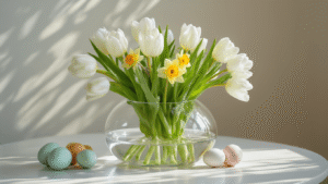 Paasstukjes maken: Van inspiratie tot prachtige creatie op jouw eettafel Elegant paas-tafelstuk met witte tulpen, gele narcissen en gipskruid in een ronde glazen vaas, versierd met pastelkleurige paaseieren op een witte achtergrond.