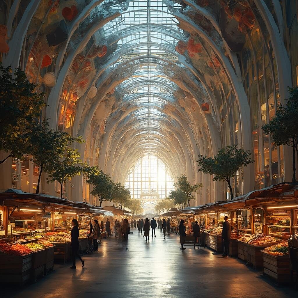 De Markthal Rotterdam: De Architecturale Revolutie Die Nederland Veranderde Een ultra-brede architecturale foto van de Markthal in Rotterdam, met nadruk op de enorme hoefijzervormige boog in dramatisch ochtendlicht. De glazen façade onthult de interne marktkramen en woonappartementen, terwijl zachte gouden zonnestralen het immense plafondfresco van 11.000 vierkante meter verlichten, vol hyper-realistische afbeeldingen van fruit, groenten en levendige scènes.