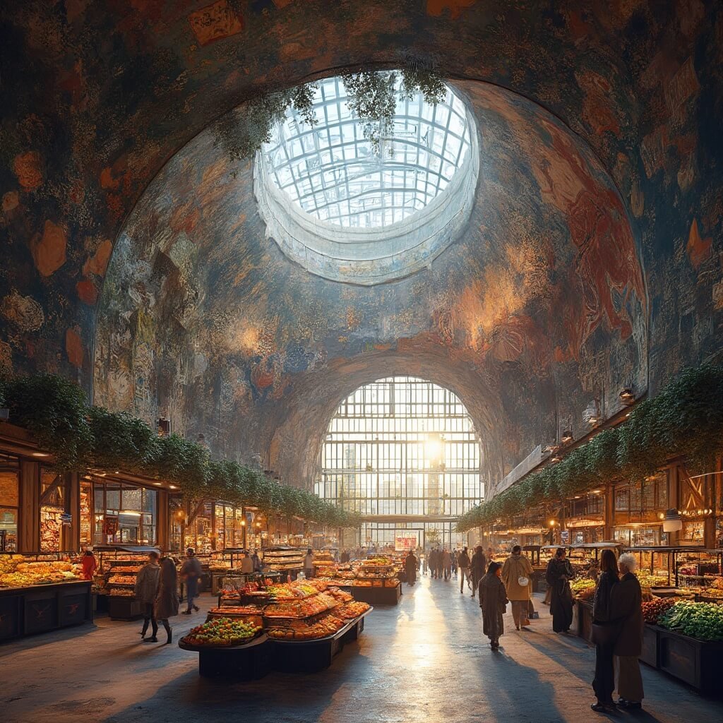 De Markthal Rotterdam: De Architecturale Revolutie Die Nederland Veranderde Ultra-wide architectural photograph of Rotterdam's Markthal showcasing its horseshoe-shaped arch, intricate glass façade, and vibrant ceiling fresco, bathed in soft golden morning light.