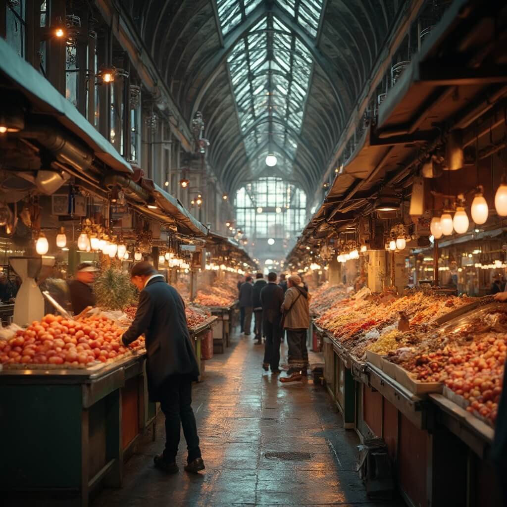 De Markthal Rotterdam: De Architecturale Revolutie Die Nederland Veranderde Een levendige culinaire documentaire-stijl fotografie van de binnenkant van de Markthal in Rotterdam, met een focus op de drukke marktsfeer. Diverse internationale voedselstands met rijke kleurpaletten, verse producten en multiculturele verkopers in dynamische beweging. Warme, uitnodigende verlichting die textuur en menselijke connecties onthult.