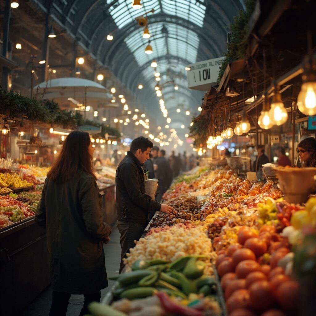 De Markthal Rotterdam: De Architecturale Revolutie Die Nederland Veranderde A vibrant interior shot of Rotterdam's Markthal, showcasing diverse food stalls with colorful produce and local Dutch specialties, capturing dynamic vendor interactions in a bustling market atmosphere, with warm lighting and rich textures.
