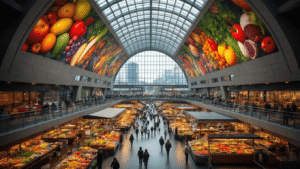 De Markthal Rotterdam: De Architecturale Revolutie Die Nederland Veranderde A vibrant interior view of Rotterdam's Markthal, showcasing its massive horseshoe-shaped glass structure, with a colorful ceiling fresco by Arno Coenen and Iris Roskam, bustling market stalls below, natural light streaming through the facade, and residential apartments integrated into the curved walls, highlighting MVRDV's modern architectural design.