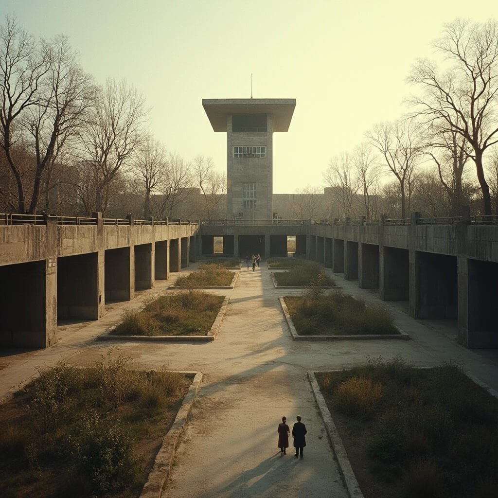 Ontdek het Verborgen Verhaal van Blijdorp: Een Rotterdamse Dierenwereld vol Wonderen Ultra-detailed wide-angle photograph of historic Rotterdam Zoo, featuring 1940s Van Ravesteyn's symmetrical architectural design and brutalist structures, including a 47-meter observation tower, bathed in soft golden afternoon light, casting long shadows over beautifully landscaped enclosures, all rendered in a vintage color palette of muted browns and grays.