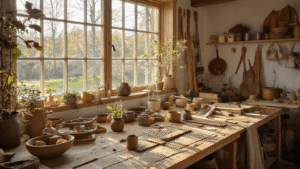 Waarom Hout Knutselen Je Thuis Transformeert Warme Scandinavische werkplaats met handgemaakte houten knutselprojecten op een rustieke werkbank, verlicht door zachte ochtendgloed en industriële hanglampen, omringd door natuurlijke materialen en gezellige ambachtelijke sfeer.