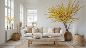 Paasdecoratie: Zo Breng Je De Lente-Sfeer In Huis Fotorealistisch interieur van een Scandinavische woonkamer tijdens het gouden uur, met een oversized crème linnen bank, een vintage messing vaas met forsythia takken, handgemaakte houten eieren, en warme sfeervolle verlichting op een jute vloer.