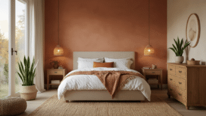 Warme Slaapkamer: Zo Creëer Ik de Perfecte Balans Tussen Comfort en Gezonde Slaap Serene slaapkamer met zandkleurige muren en terracotta accentdetails, kingsize bed met witte lakens en kussens, warm eiken nachtkastje met dimbare lamp, en een jute vloerkleed, verlicht door LED-strips voor een gezellige sfeer.