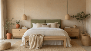 Natuurtinten in de slaapkamer Een serene slaapkamer in warme natuurtinten met beige muren, olijfgroene accenten en symmetrische nachtkastjes. Kingsize bed met gelaagd linnen beddengoed in champagne en crème, chunky gebreide dekens en terracotta planten met eucalyptus. Jute vloerkleed en cinematografische verlichting benadrukken organische texturen van rotan en natuursteen, terwijl gefilterde zonnestralen door linnen gordijnen schijnen.