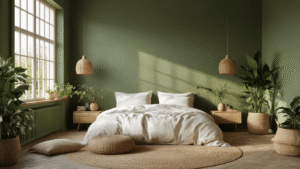 De Ultieme Gids voor een Groene Slaapkamer: Zo Creëer Je Jouw Droomruimte Fotorealistische slaapkamer in Nederland met saliegroen accentwand, wit linnen beddengoed en natuurlijk ochtendlicht. Grote ramen laten warme texturen van rotan en eikenhout zien, omgeven door groene planten en gouden messing accenten. Zachte schaduwen vallen op de gepolijste betonvloer, met gelaagde neutrale kussens en een vintage koperen lamp, die de serene hygge sfeer benadrukken. De compositie heeft een cinematische uitstraling met zachte bokeh en een warme kleurtemperatuur, met een minimalistische inrichting en ademende stoffen.