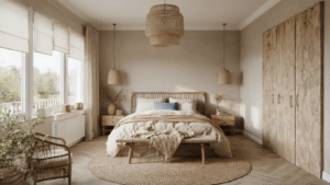 Hoe Ik Mijn Slaapkamer Transformeerde: Van Chaos naar Oase van Rust Transformeerde slaapkamer in neutrale kleuren met natuurlijke texturen, warm licht, en een serene sfeer tijdens gouden uur.