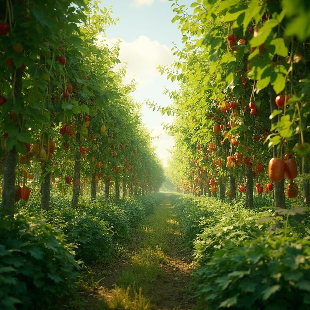 Ontdek het Magische Voedselbos van Texel: Een Pluktuin vol Verrassingen Fotorealistisch landschap van een levendig voedselbos op het eiland Texel met weelderige groene rijen van diverse eetbare planten, zonlicht dat door de takken filtert, rijpe bessen en groenten die aan de planten hangen, zachte natuurlijke verlichting en een brede uitzicht op het uitgestrekte 6-hectare grote landbouwecosysteem tijdens een warme zomermiddag.