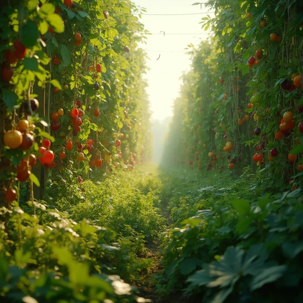 Ontdek het Magische Voedselbos van Texel: Een Pluktuin vol Verrassingen Photorealistic landscape of a vibrant Dutch food forest on Texel island, showcasing lush green rows of diverse edible plants under soft natural lighting, with ripe berries and vegetables hanging from branches, captured in a wide-angle view that highlights the expansive 6-hectare agricultural ecosystem.