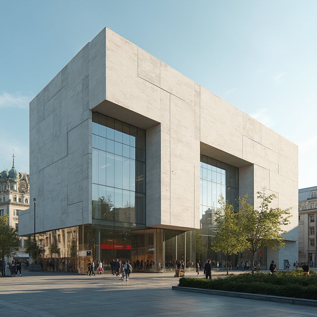 Ontdek het Van Gogh Museum: Een Ongeëvenaard Kunstparadijs in het Hart van Amsterdam Architectural exterior view of the Van Gogh Museum in Amsterdam, showcasing a blend of Rietveld and Kurokawa styles with geometric lines, bathed in soft afternoon sunlight. The museum's modernist facade features reflective glass and unique structural elements, set against a backdrop of other cultural institutions and pristine landscaping, highlighting the iconic contemporary design.