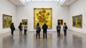 Ontdek het Van Gogh Museum: Een Ongeëvenaard Kunstparadijs in het Hart van Amsterdam A wide-angle interior shot of the Van Gogh Museum in Amsterdam, featuring a diverse group of visitors admiring Van Gogh's "Sunflowers" on a white gallery wall, with modern architecture, natural lighting, and polished concrete floors reflecting the artwork's vibrant yellow tones.