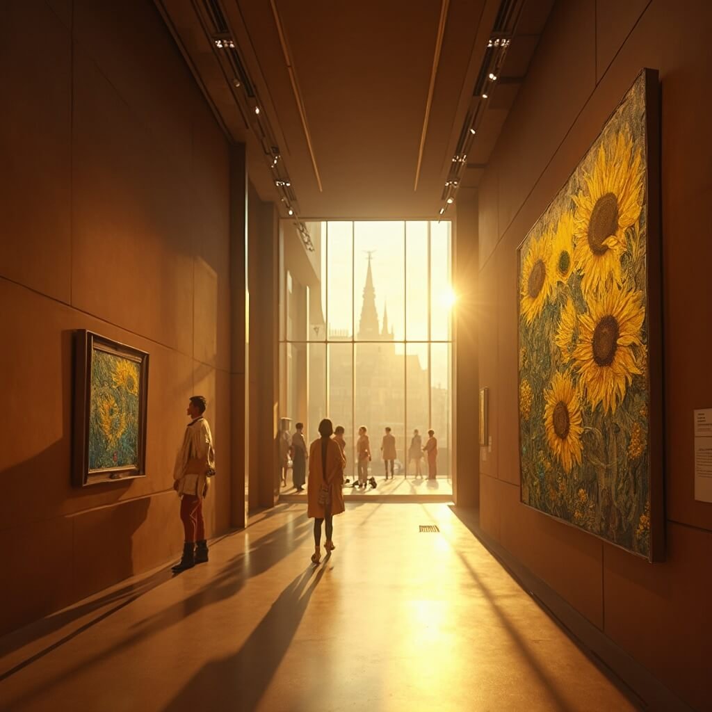 Ontdek het Van Gogh Museum: Een Ongeëvenaard Kunstparadijs in het Hart van Amsterdam High-resolution photograph of Van Gogh's Sunflowers painting in a museum, with warm golden light illuminating the textured brushstrokes and highlighting the artwork, set against the crisp architectural lines of a Rietveld building, featuring minimal visitors for a contemplative atmosphere in a wide-angle view.