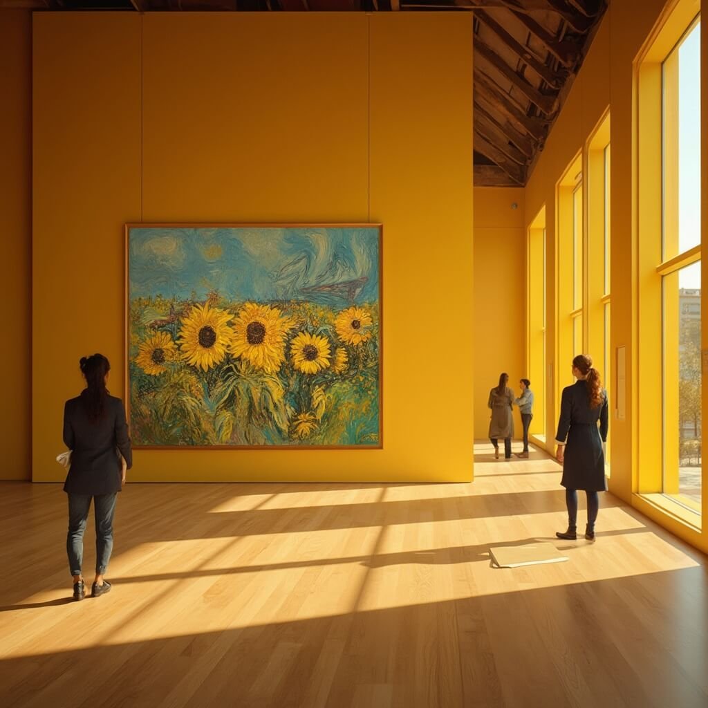 Ontdek het Van Gogh Museum: Een Ongeëvenaard Kunstparadijs in het Hart van Amsterdam Hoogwaardige foto van een museuminterieur met Van Gogh's Zonnebloemen