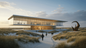Ontdek het Verbluffende Museum Voorlinden: Waar Kunst, Architectuur en Natuur Samensmelten A modern architectural museum with glass walls and a floating roof, set among sand dunes in Wassenaar, Netherlands, featuring large windows and visitors at the entrance, complemented by steel sculptures in the foreground, against a dramatic sky.