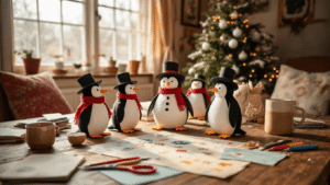 Winter Knutselen: Gezellige Projecten Voor Koude Dagen Gezellige Nederlandse woonkamer met vintage houten tafel vol knutselmateriaal, inclusief handgemaakte papieren sneeuwpoppen, pinguïns en sneeuwvlokken, verlicht door warm gouden licht.