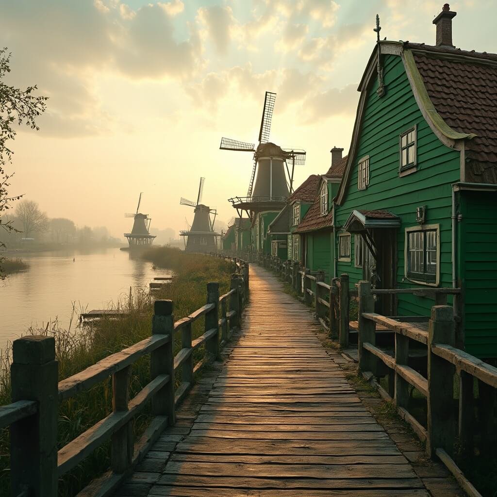 Zaanse Schans: De Verborgen Nederlandse Tijdcapsule Die Je Niet Mag Missen Photorealistic landscape of Zaanse Schans at golden hour, featuring five traditional green wooden houses along a serene river, three spinning windmills in soft light, and detailed wooden walkways in the foreground, all set against a softly focused distant landscape with a color palette of emerald greens, warm amber, and muted earth tones.