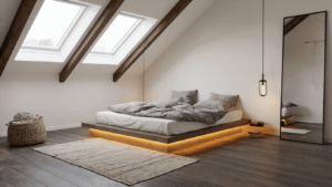 Slaapkamer met schuin dak inrichten: Van uitdaging naar droomkamer Sfeervolle zolderslaapkamer met schuin dak, laag bed, witte muren en donkere vloer, verlicht door zacht ochtendlicht en LED-strips, met minimalistische decoratie en opbergruimte.