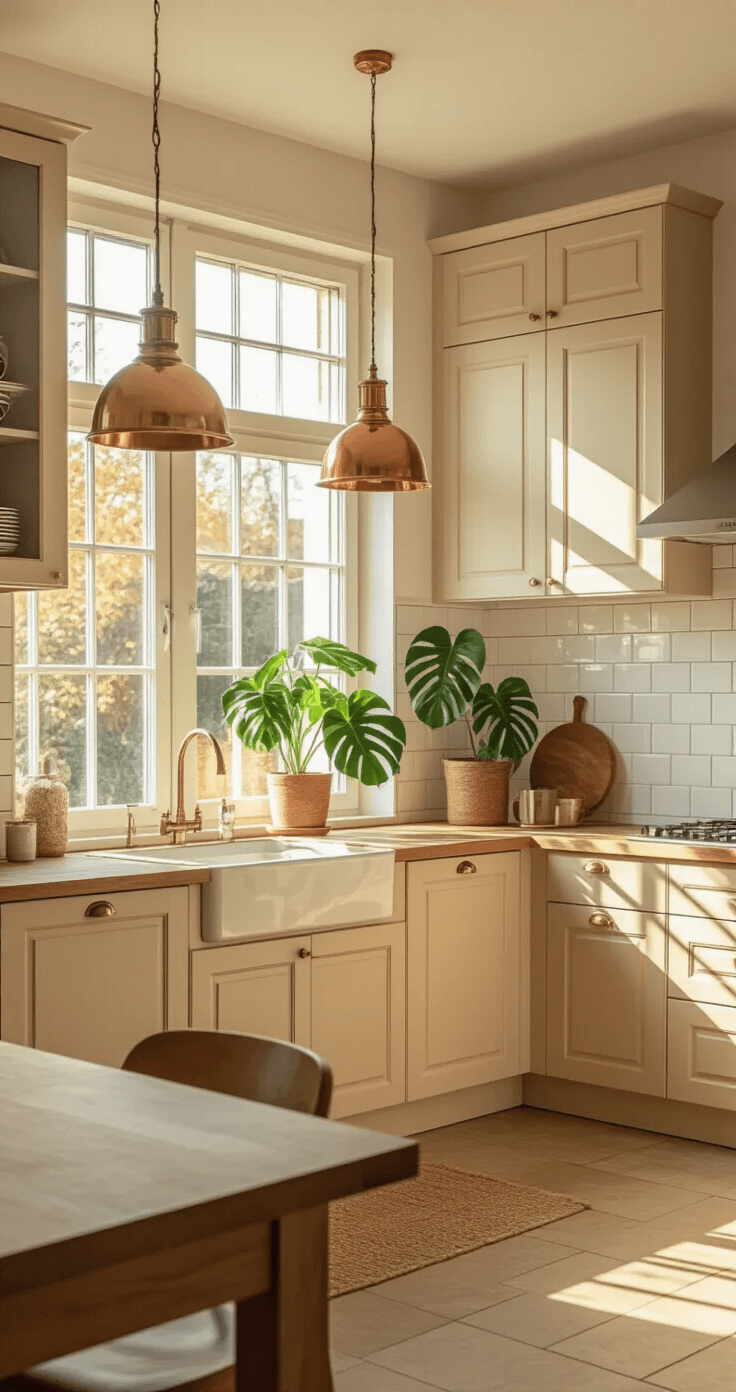 Zandkleurige keukens veroveren de Nederlandse woningen - en ik snap volledig waarom. Spacious 15m² Dutch kitchen with sand-colored matte cabinets, oak countertop, and large windows during golden hour, featuring a Monstera plant and copper pendant lights.