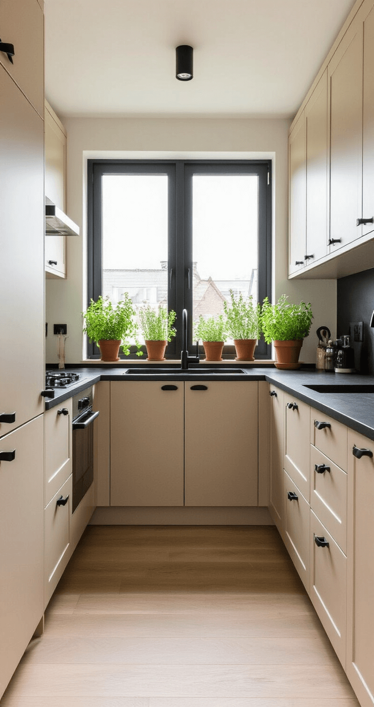 Zandkleurige keukens veroveren de Nederlandse woningen - en ik snap volledig waarom. Interior shot of a modern Dutch galley kitchen in an 8m² space, featuring sand-colored cabinets, black matte fixtures, and charcoal countertops, illuminated by soft north-facing daylight, with fresh herbs on the windowsill and light oak flooring.