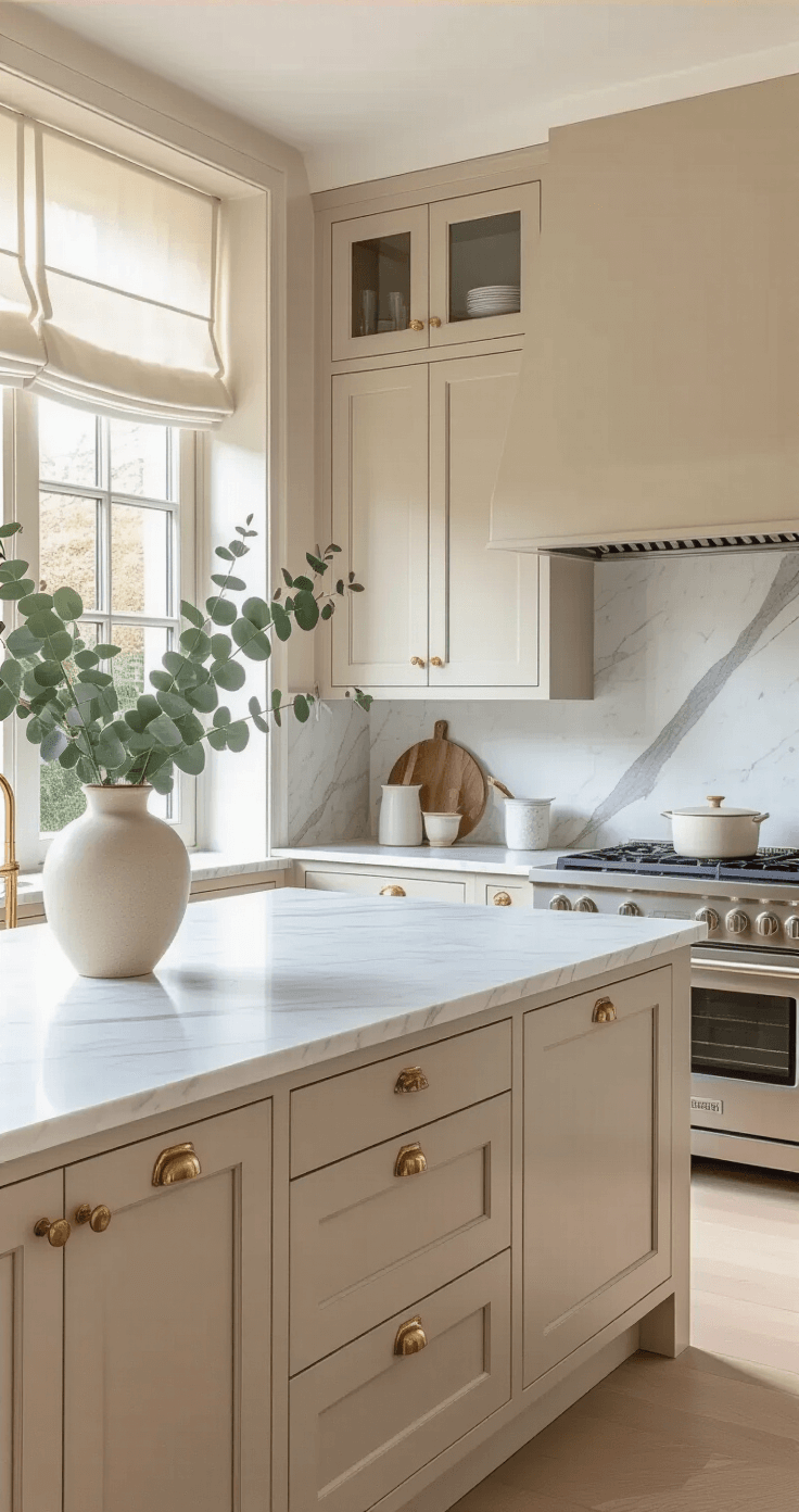 Zandkleurige keukens veroveren de Nederlandse woningen - en ik snap volledig waarom. Elegant Dutch kitchen with sand-colored lower cabinets and white Carrara marble countertops, featuring warm afternoon light, a large island, ceiling-height upper cabinets, and a white marble backsplash, integrating with open-plan living.