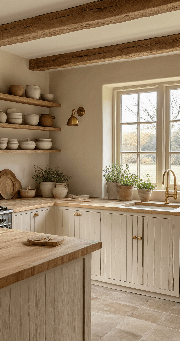 Zandkleurige keukens veroveren de Nederlandse woningen - en ik snap volledig waarom. Cozy Dutch farmhouse kitchen featuring sand-colored shaker-style cabinets, open wooden shelving with ceramic dishware, a honey-toned butcher block island, and vintage brass fixtures, all illuminated by soft morning light from east-facing windows.