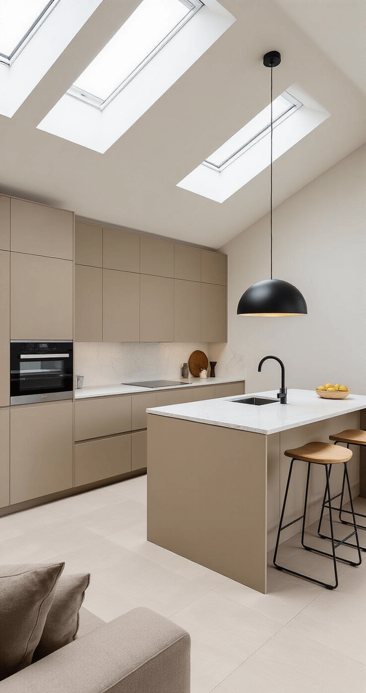 Zandkleurige keukens veroveren de Nederlandse woningen - en ik snap volledig waarom. Interior view of a sleek minimalist Dutch kitchen featuring sand-colored lacquered cabinets with invisible handles, bright daylight from skylights, and a white quartz countertop. The space includes handleless units in warm mushroom tones, a sandy backsplash to the ceiling, and a black pendant light above the breakfast bar, captured from an open-plan living room perspective.