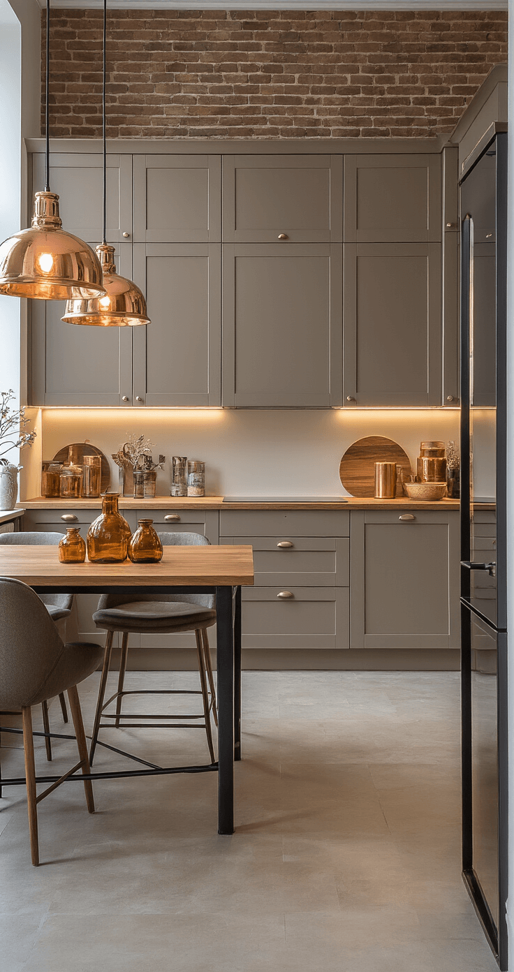 Zandkleurige keukens veroveren de Nederlandse woningen - en ik snap volledig waarom. Interior of a Dutch kitchen-dining area with taupe cabinets, illuminated during blue hour by LED and pendant lighting, featuring a dark walnut island and amber glass vessels, complemented by an exposed brick wall.