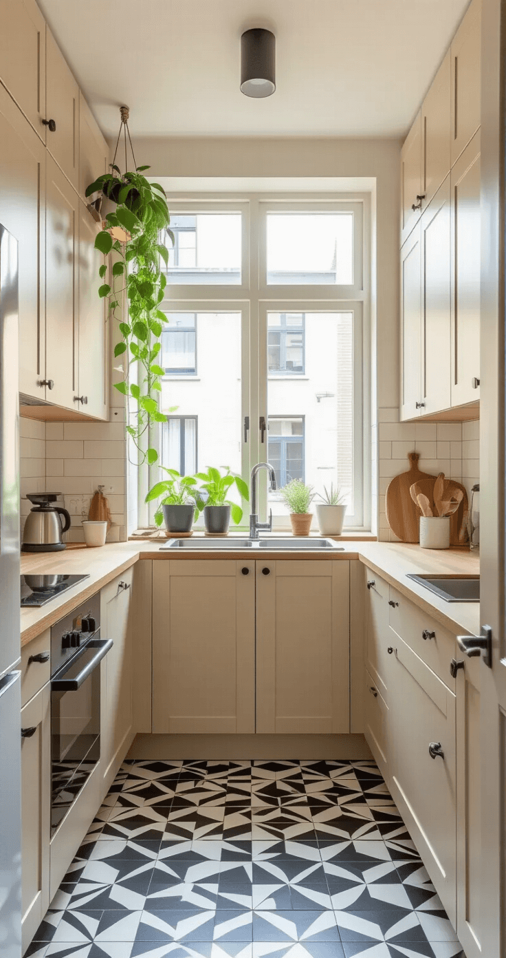 Zandkleurige keukens veroveren de Nederlandse woningen - en ik snap volledig waarom. Interior of a compact Dutch apartment kitchen featuring light sand-colored cabinets with silk-gloss finish, bamboo countertops, and geometric black and white floor tiles, illuminated by soft, diffused natural light from a courtyard-facing window. A small pothos plant cascades from the windowsill, emphasizing the efficient galley layout and sustainable design.
