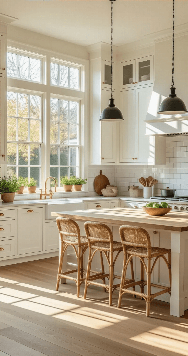 Tijdloze Keuken Ontwerpen: Mijn Gids Voor Een Keuken Die Nooit Uit De Mode Raakt Interior of a spacious Dutch kitchen with white shaker cabinets and honey-colored oak butcher block countertops, illuminated by golden hour sunlight through large windows, featuring a central island, natural rattan bar stools, and a subway tile backsplash.