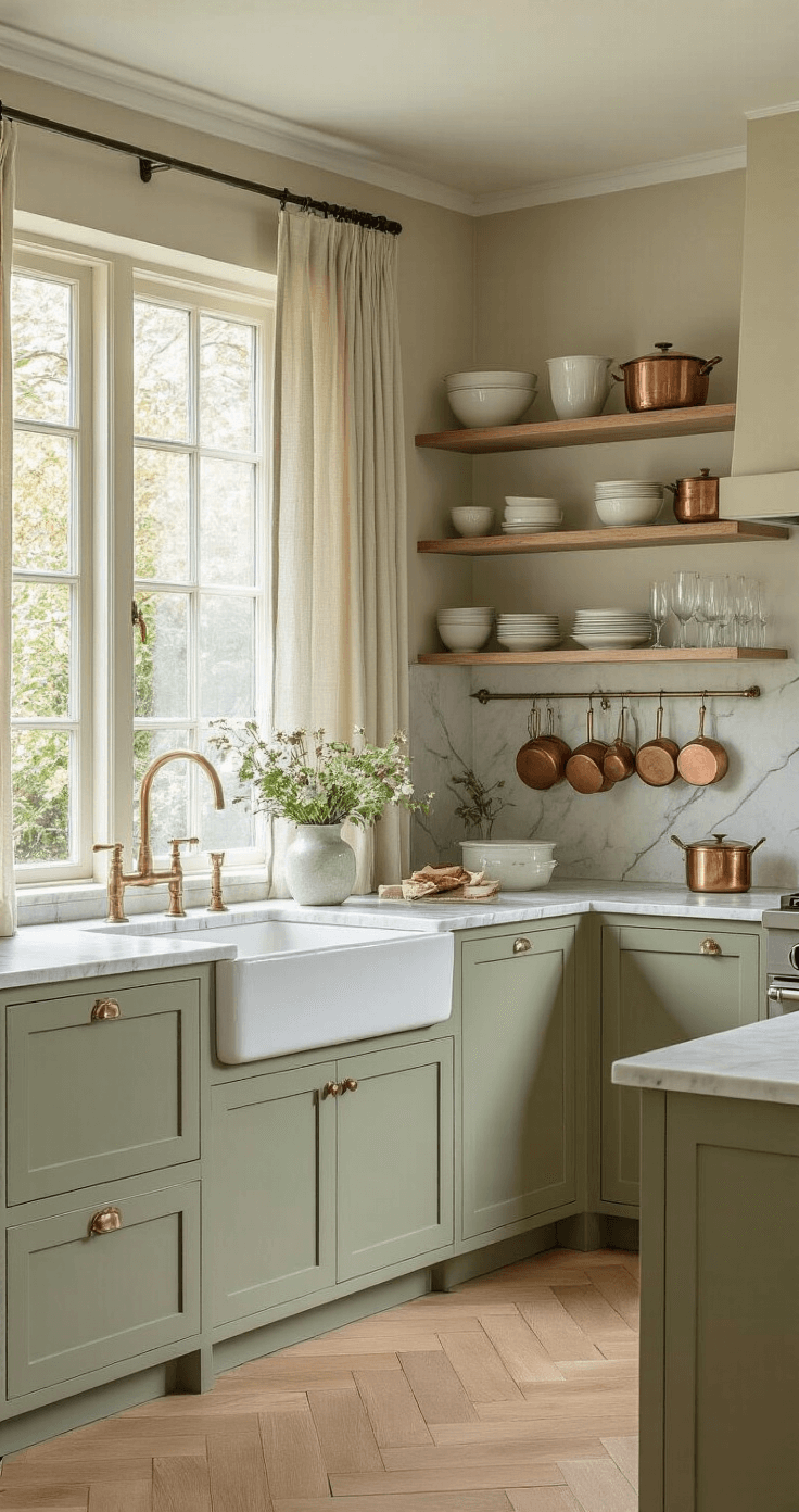 Tijdloze Keuken Ontwerpen: Mijn Gids Voor Een Keuken Die Nooit Uit De Mode Raakt Intimate Dutch kitchen featuring taupe and sage green cabinetry, a marble countertop, farmhouse sink, and open shelving with artisanal dinnerware, all illuminated by afternoon light through sheer curtains, creating a cozy atmosphere.