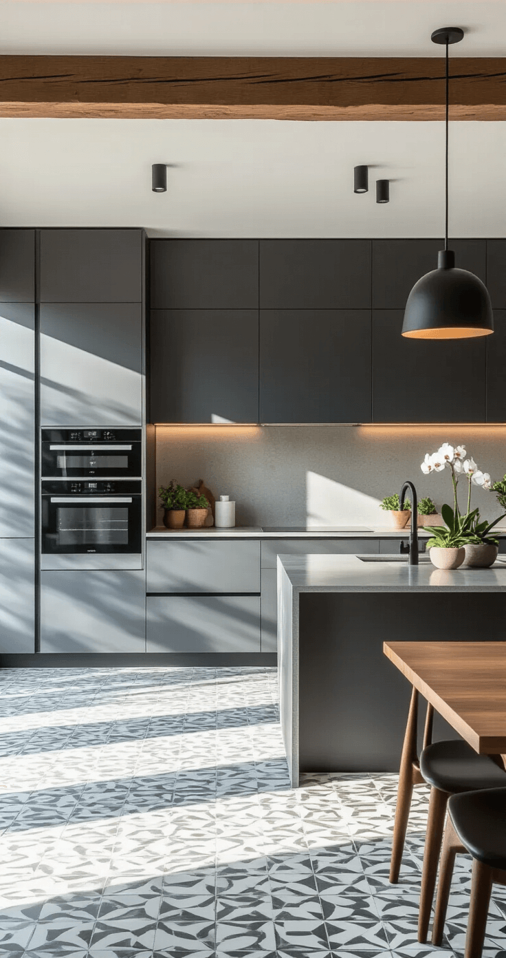Tijdloze Keuken Ontwerpen: Mijn Gids Voor Een Keuken Die Nooit Uit De Mode Raakt Modern Dutch kitchen featuring sleek charcoal gray cabinets and integrated appliances, with polished concrete countertops and geometric cement tile flooring, illuminated by morning light casting dramatic shadows. Exposed wooden beams and matte black fixtures add contrast, while pendant lights and plants enhance the minimalist aesthetic.