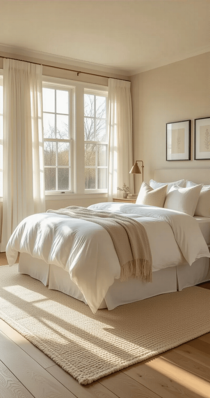 Hoe ik mijn slaapkamer transformeerde tot een droomkamer: 7 geheimen die alles veranderden A spacious Dutch bedroom with warm sunlight streaming through large windows, featuring a king-size bed with white linens, natural oak hardwood floors, and minimal decor, photographed at golden hour for a serene and organized atmosphere.