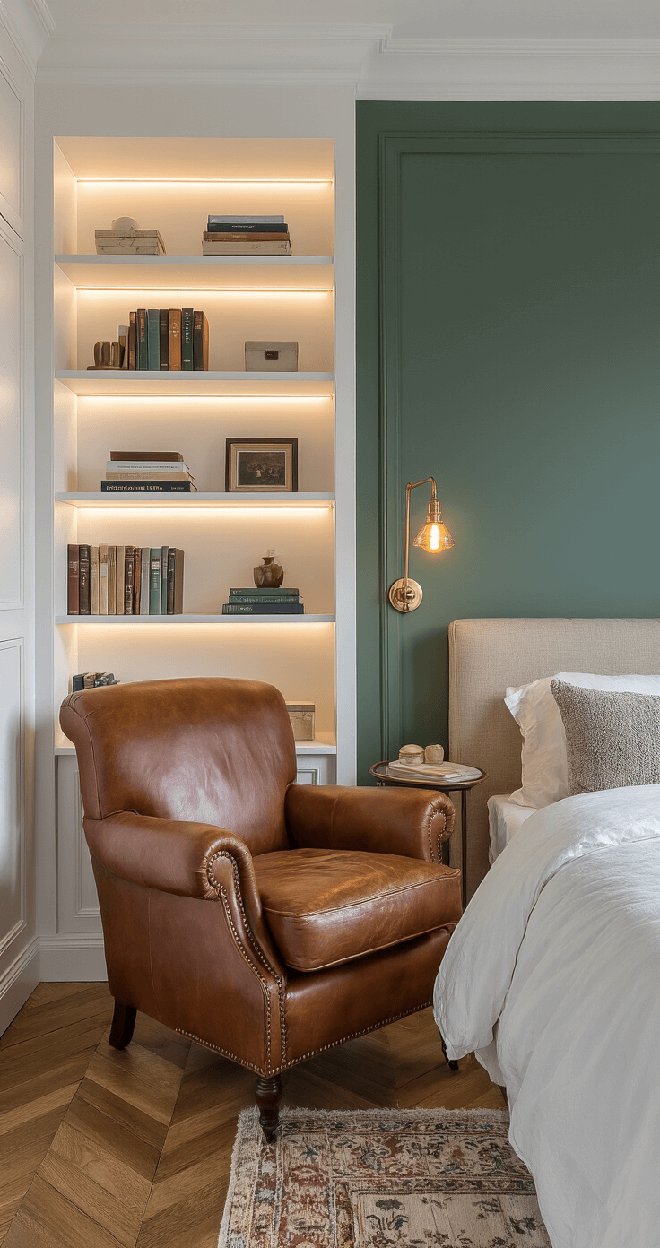 Hoe ik mijn slaapkamer transformeerde tot een droomkamer: 7 geheimen die alles veranderden Intieme hoek van een slaapkamer tijdens het blauwe uur, met een gezellige leeshoek en een vintage leren fauteuil in cognacbruin. Ingebouwde witte boekenkasten gevuld met boeken en decoratieve objecten. Verlichting met een messing vloerlamp, subtiele LED-strips en een tafellamp op een ronde bijzettafel. Diep saliegroen accentmuur met warme witte muren, herringbone parketvloer en een klein Perzisch tapijt in gedempte kleuren. Laag perspectief benadrukt de gezellige, intieme sfeer.
