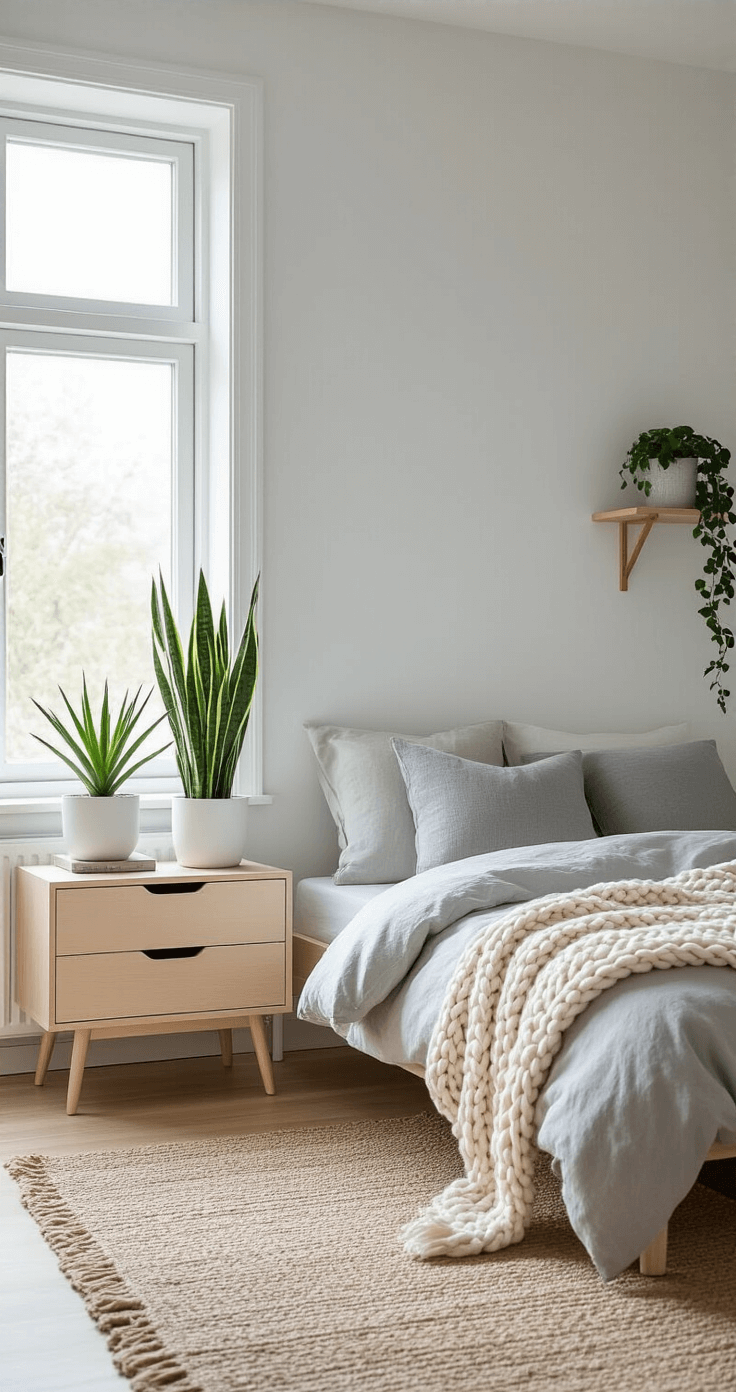 Hoe ik mijn slaapkamer transformeerde tot een droomkamer: 7 geheimen die alles veranderden Lichte Scandinavische slaapkamer met een platformbed tegen een charcoal grijze accentwand, minimalistisch meubilair, texturen van een dikke gebreide throw en planten in witte keramische potten, gefotografeerd in de ochtend met overvloedig natuurlijk licht.