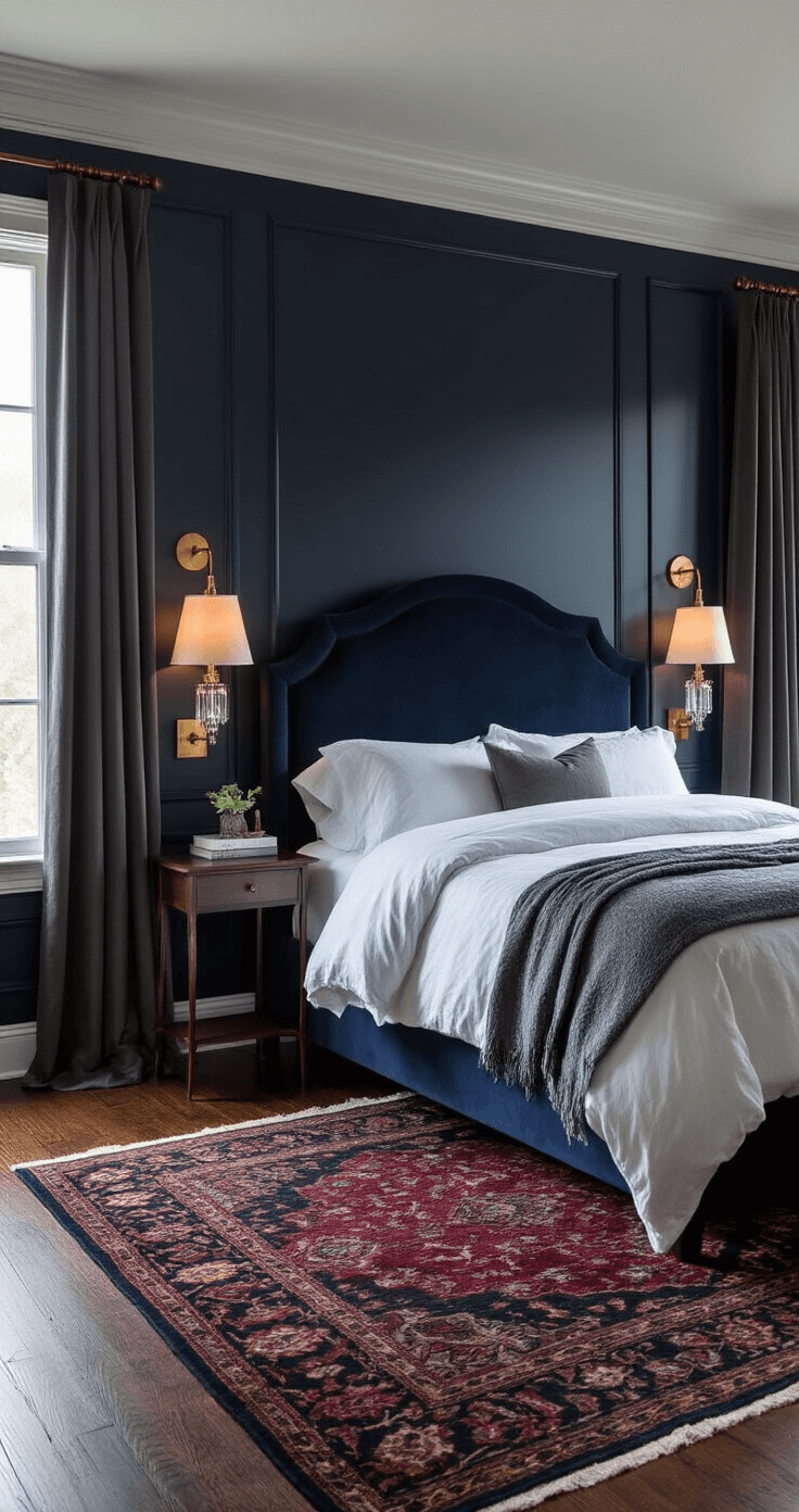 Hoe ik mijn slaapkamer transformeerde tot een droomkamer: 7 geheimen die alles veranderden Een luxueuze donkere slaapkamer met diepe marineblauwe wanden en witte lijstwerk, een velvet hoofdeinde in middernachtblauw, witte linnen beddengoed en een stijlvol grijs wollen dekentje, verlicht door elegante verlichting en zware zijden gordijnen in antraciet.