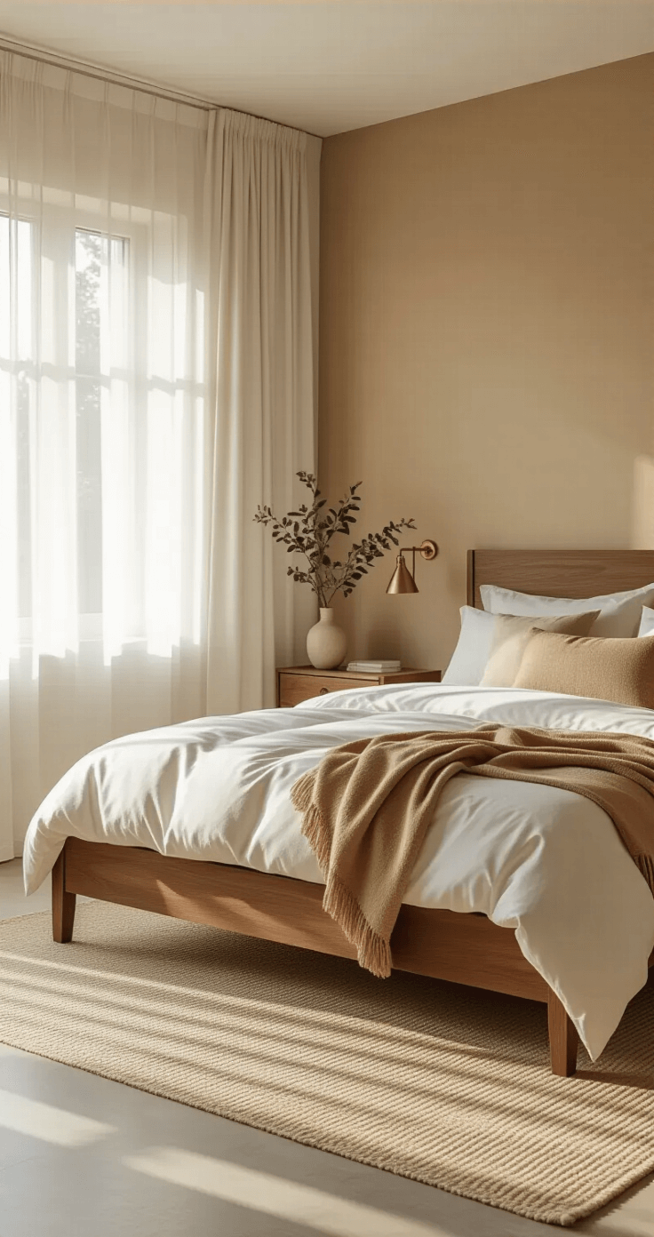 Zandkleur slaapkamer: Zo creëer je de perfecte rustgevende oase Photorealistic Dutch bedroom with walnut bed, warm sand-colored accent wall, golden morning light, white linen curtains, cream wool rug, natural linen bedding, brass table lamps, and eucalyptus branch in a vase.