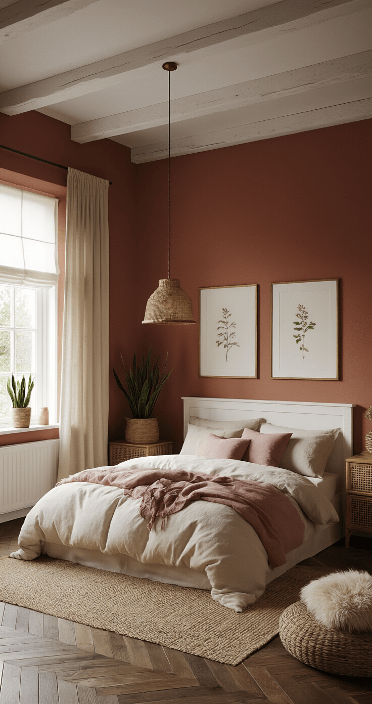 Zandkleur slaapkamer: Zo creëer je de perfecte rustgevende oase A photorealistic Dutch bedroom featuring sand-colored walls with terracotta undertones, dim pendant lighting, and a cozy ambiance. The spacious room displays exposed white ceiling beams and dark oak herringbone flooring. A white wooden bed frame is centered against the wall, adorned with cream and dusty pink linen bedding. Woven rattan nightstands flank the bed, complemented by potted sansevieria plants and brass picture frames with botanical prints. Flowing beige linen curtains enhance the intimate atmosphere of the cozy reading nook, which includes a sheepskin throw, all bathed in a warm golden glow highlighting the texture of the materials.