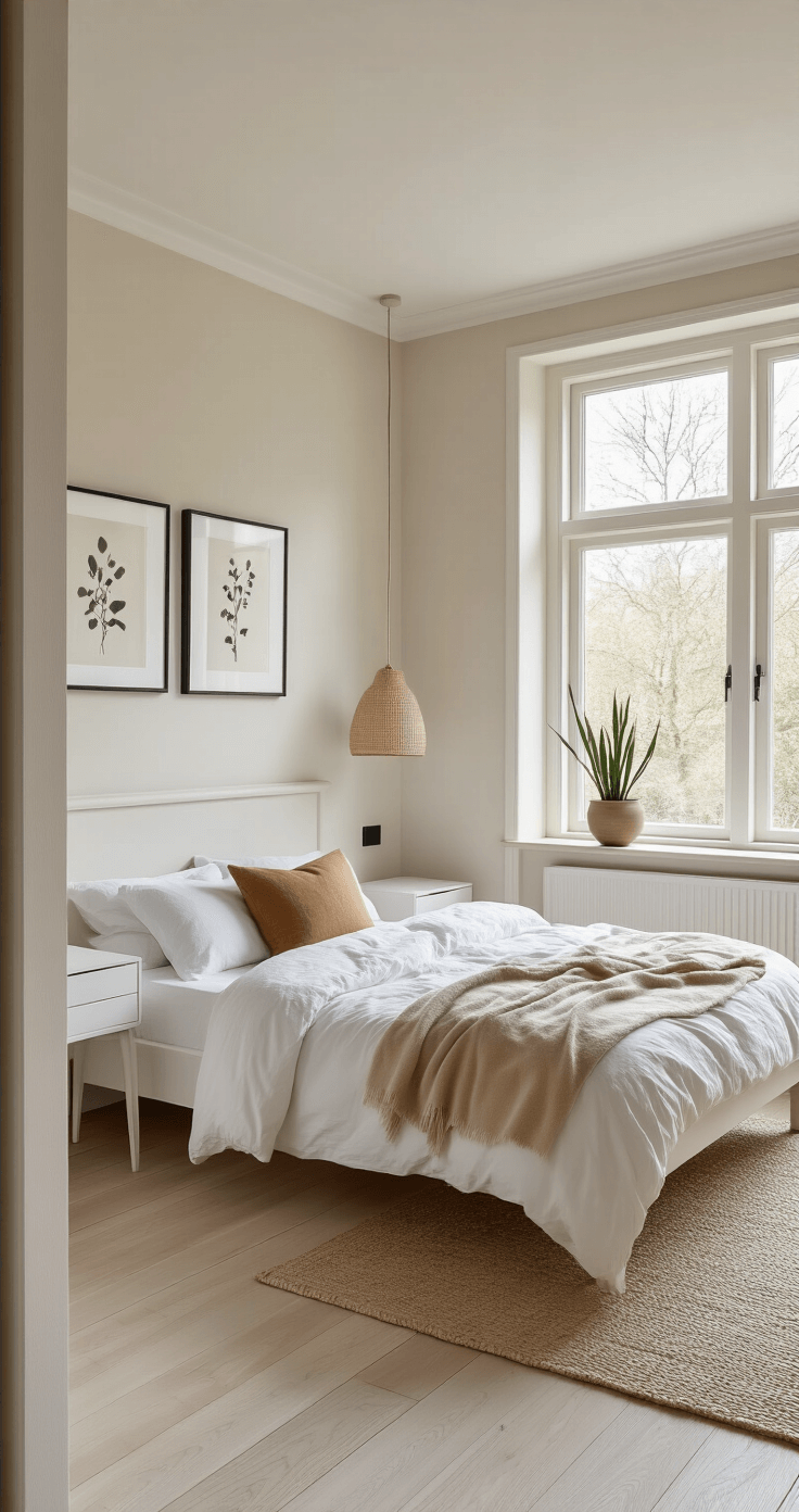 Zandkleur slaapkamer: Zo creëer je de perfecte rustgevende oase Photorealistic Dutch bedroom interior featuring light sand-colored walls and ceiling, bright natural light from large windows, white-washed wooden floors, a Scandinavian white bed frame with crisp linens and a camel-colored pillow, minimalist nightstands, a rotan table lamp, and a ZZ plant, complemented by a gallery wall of black-framed botanical prints in sepia tones.