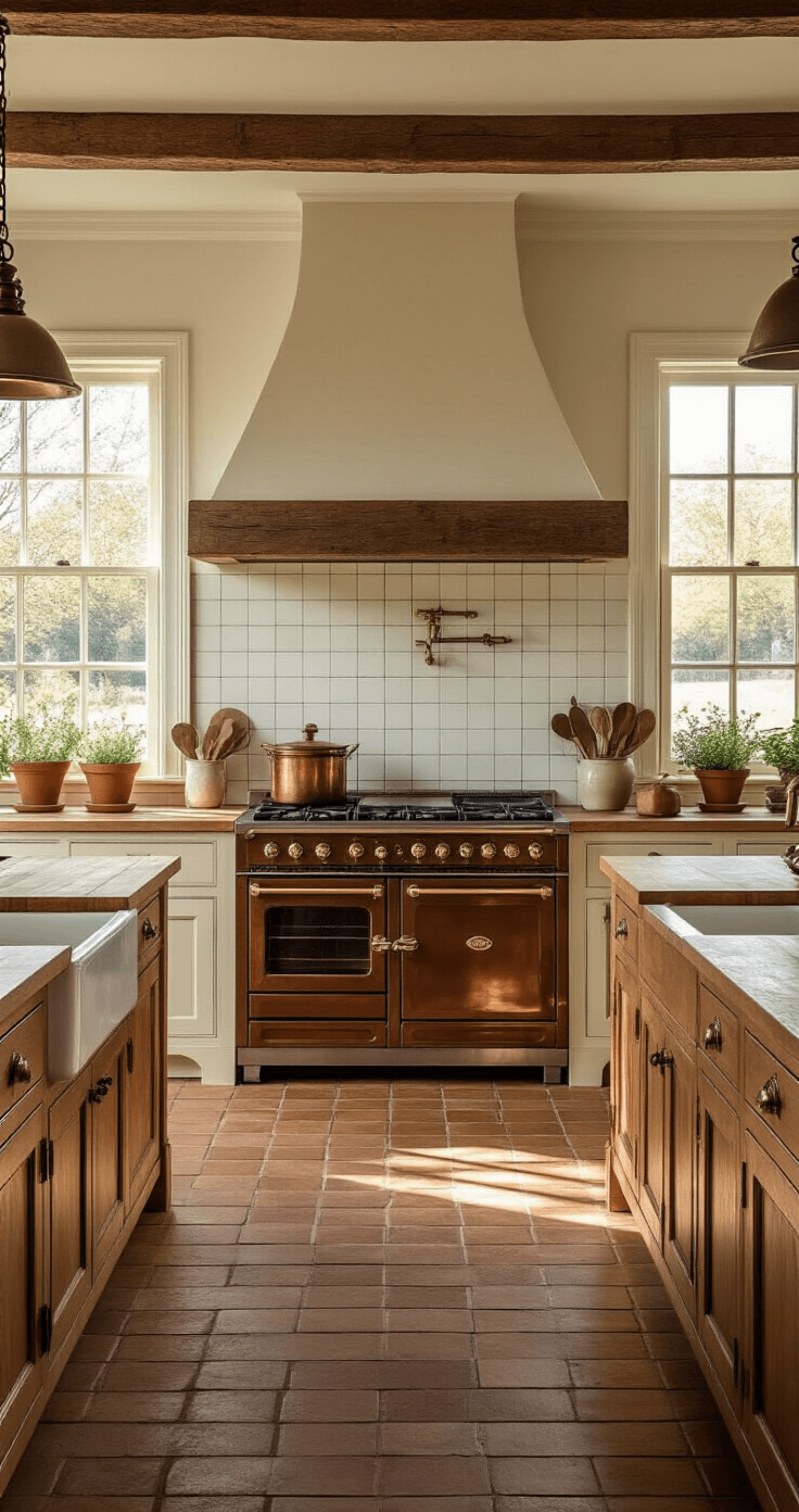 De Ultieme Gids voor Jouw Droomlandelijke Keuken: Van Boers tot Boulevardier Photorealistic interior of a classic Dutch farmhouse kitchen showcasing oak cabinetry, a large butcher block island, and warm morning sunlight streaming through white-framed windows, highlighting antique brass hardware and terra cotta herb pots.