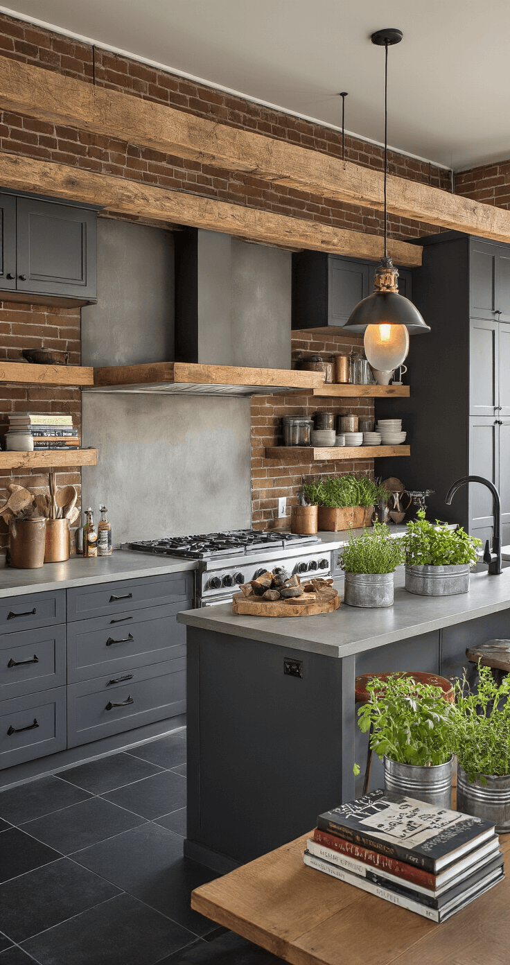 De Ultieme Gids voor Jouw Droomlandelijke Keuken: Van Boers tot Boulevardier A modern rustic Dutch kitchen with dark charcoal grey shaker cabinets, concrete-look countertops, reclaimed oak shelves, and a large island, illuminated by warm pendant lights and featuring vintage copper cookware and fresh herbs, all set during golden hour.