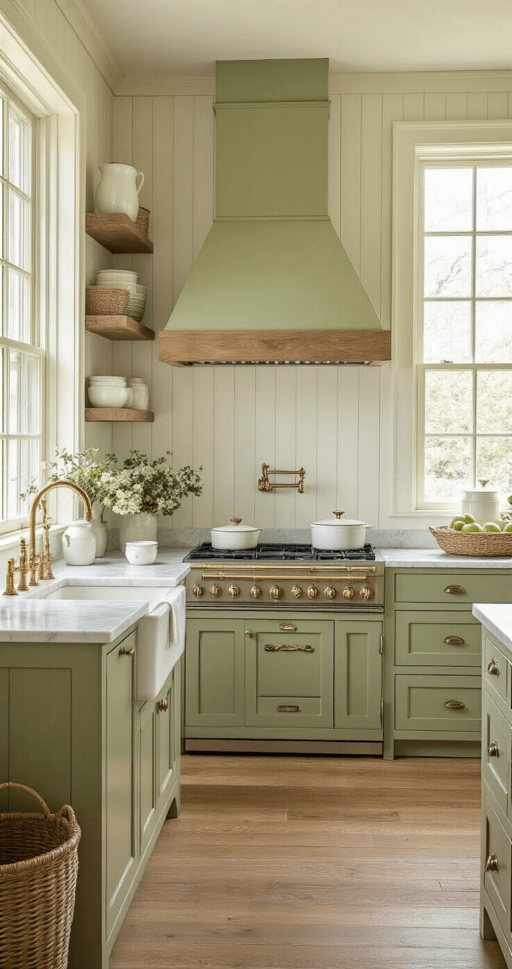 De Ultieme Gids voor Jouw Droomlandelijke Keuken: Van Boers tot Boulevardier A photorealistic Dutch country kitchen featuring sage green beadboard cabinets, creamy white upper cabinets, and natural oak open shelving, illuminated by soft afternoon light. The scene includes Carrara marble countertops, a vintage porcelain farmhouse sink with a brass bridge faucet, and a cream-colored professional range with a massive wooden range hood. Decorative details like woven baskets, white ceramic canisters, and mason jars with fresh flowers enhance the cozy ambiance. Wide-plank oak flooring adds warmth, and the shot is taken from the breakfast nook, highlighting the spaciousness of the room.