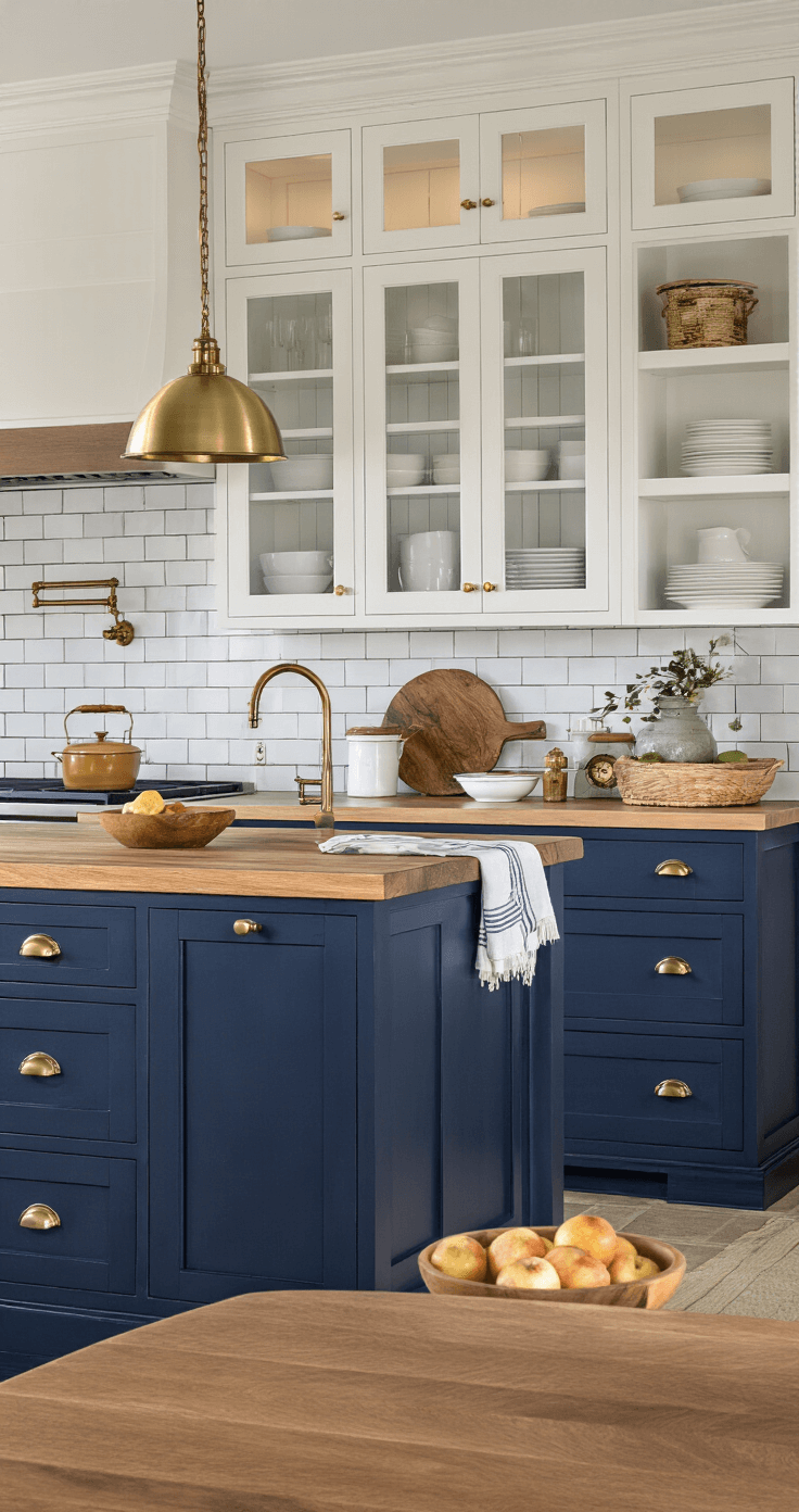 De Ultieme Gids voor Jouw Droomlandelijke Keuken: Van Boers tot Boulevardier Atmospheric wide shot of a sophisticated navy blue Dutch landelijke kitchen in the evening, showcasing deep navy lower cabinets, warm white upper cabinets with glass inserts, a thick oak waterfall island countertop, vintage brass pendant lights, and a classic subway tile backsplash, enhanced by curated dishware and copper accents.