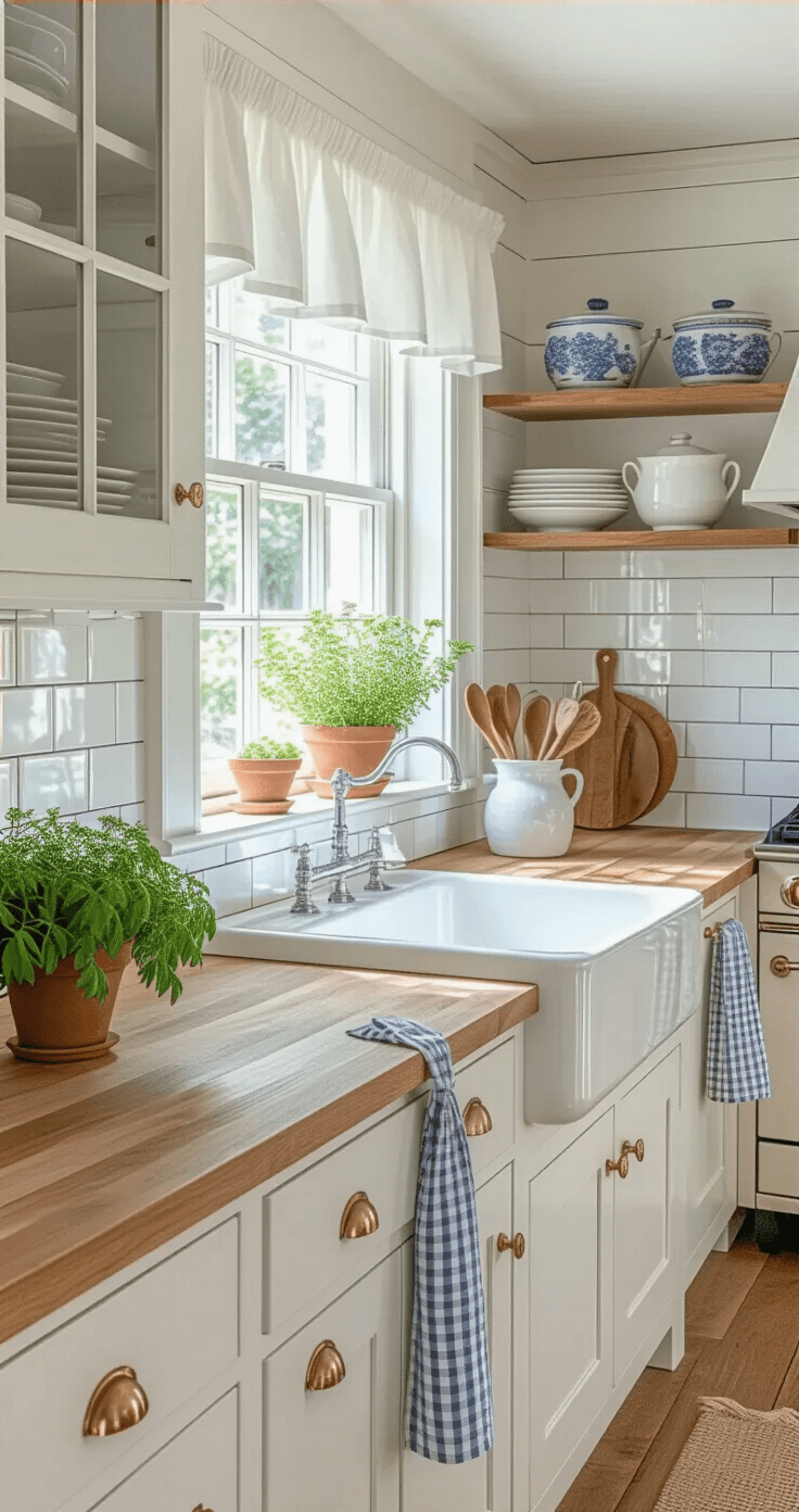 De Ultieme Gids voor Jouw Droomlandelijke Keuken: Van Boers tot Boulevardier A bright and airy Dutch cottage kitchen featuring white shaker cabinets, warm oak butcher block countertops, and a vintage ceramic farmhouse sink, adorned with linen cafe curtains, subway tile backsplash, and open oak shelves displaying blue and white pottery. A cream enamel vintage range stands as the centerpiece, surrounded by terracotta pots of herbs and charming decor.