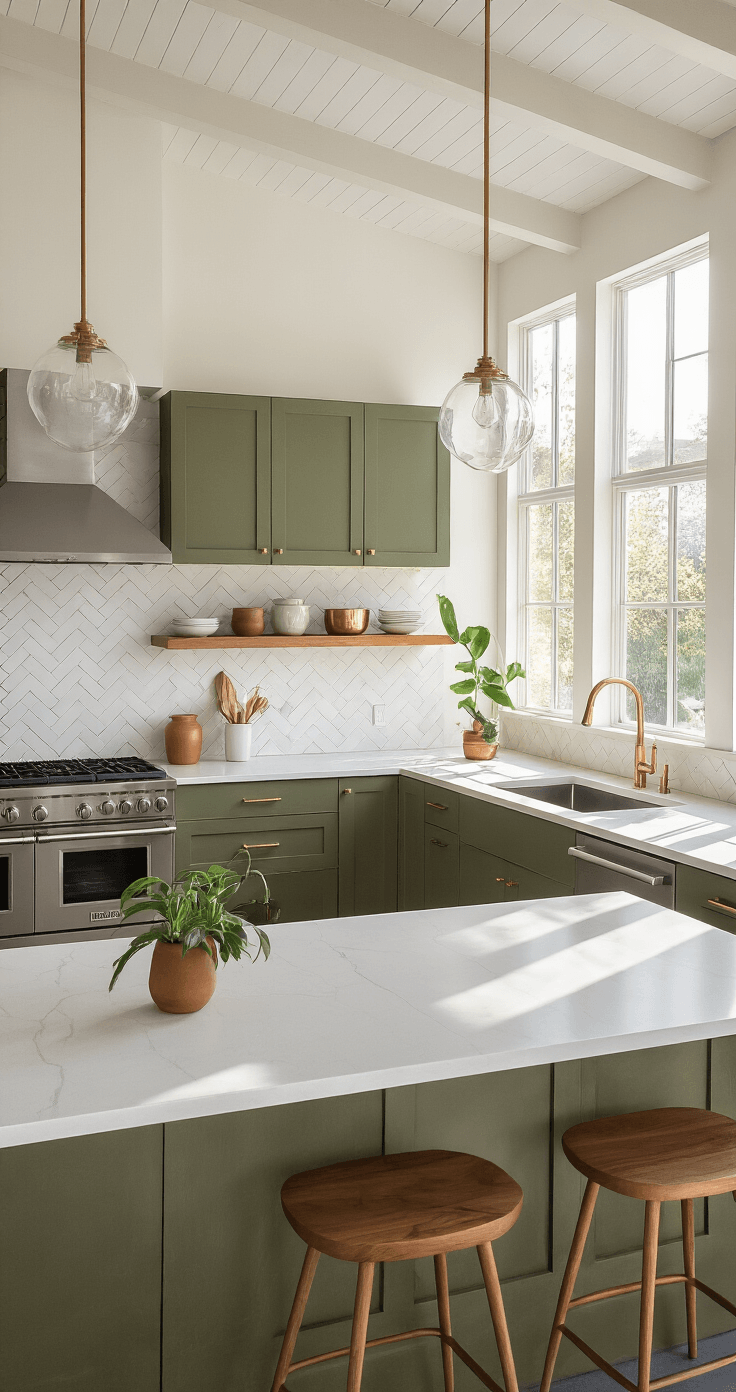 Olijfgroene Keuken: Waarom Deze Trendy Kleur Je Kookruimte Compleet Transformeert Moderne minimalistische olijfgroene keuken van 15x12 voet met hoge vaulted plafonds en blootgestelde witte eiken balken, badend in het gouden uur licht.