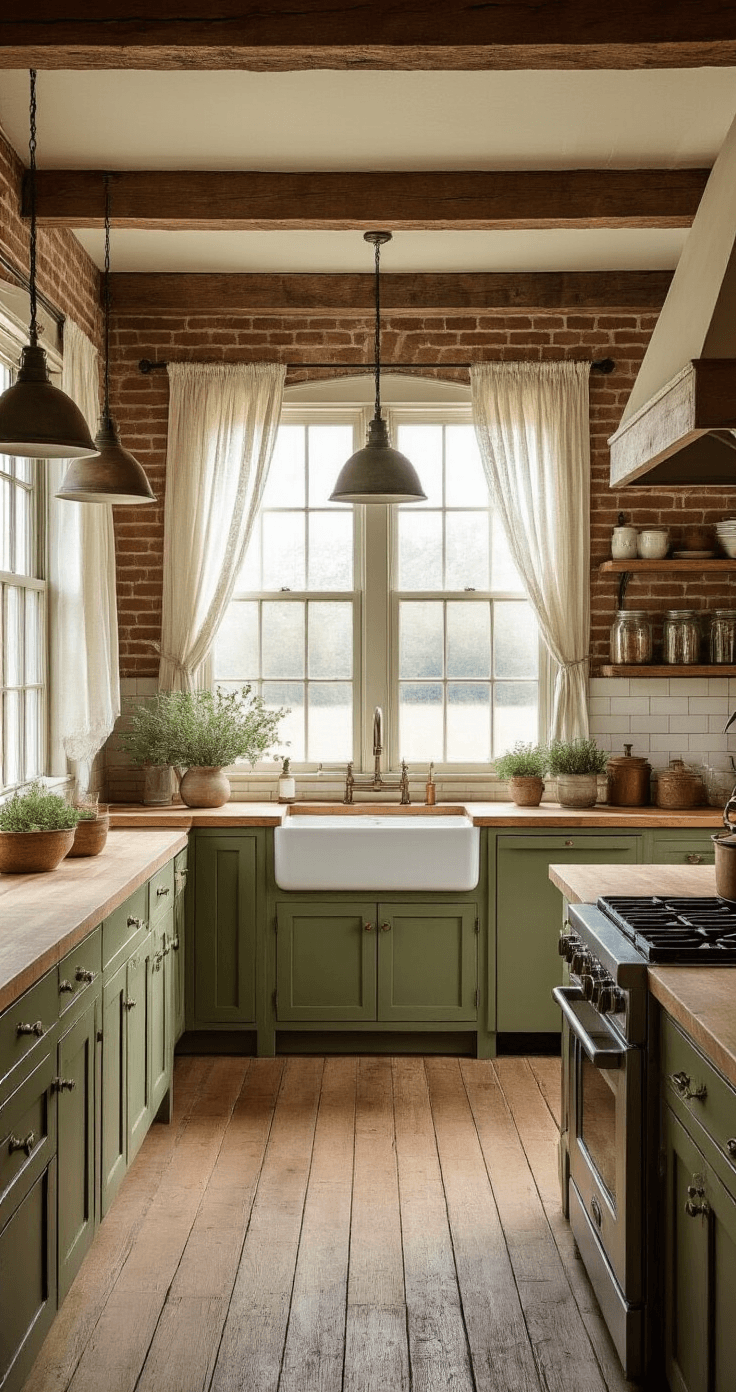 Olijfgroene Keuken: Waarom Deze Trendy Kleur Je Kookruimte Compleet Transformeert Rustieke boerderijkeuken in olijfgroen, 14x16 voet, met originele bakstenen muren en hergebruikte houten balken, zachte ochtendlicht door kant gordijnen, verouderde saliegroene keukenkastjes, blankhouten aanrechtblad, witte boerderij gootsteen, open planken met masonkruiken en koperen potten, subway tegelachterwand in crèmekleur met donkere voeg, pendellampen met gegalvaniseerde metalen kappen, brede dennenvloeren in weergehouden afwerking, verse eucalyptus in keramieken vaas, vintage snijplanken.