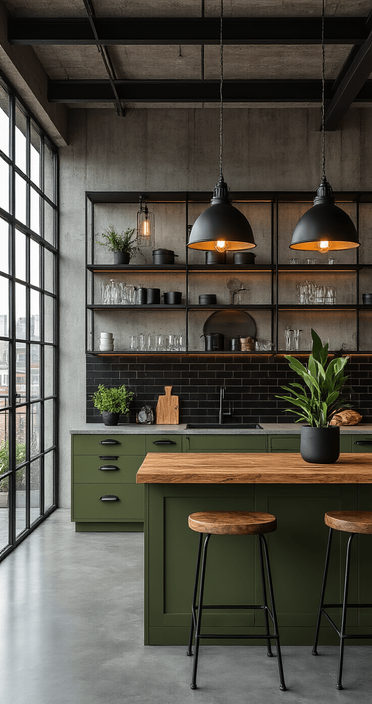 Olijfgroene Keuken: Waarom Deze Trendy Kleur Je Kookruimte Compleet Transformeert Industrieel moderne olijfgroene keuken in een loft van 16x20 voet, met blootgestelde stalen balken, gepolijste betonnen muren en dramatische verlichting door stalen ramen, laag gezien vanuit de woonkamer.